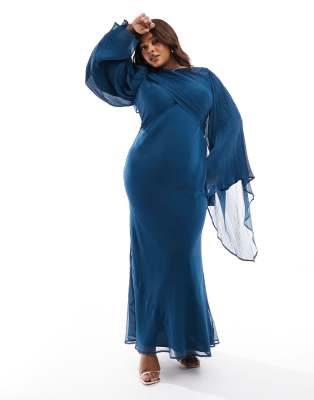 ASOS DESIGN Curve exaggerated sleeve wrap bias maxi dress in crinkle chiffon in steel blue