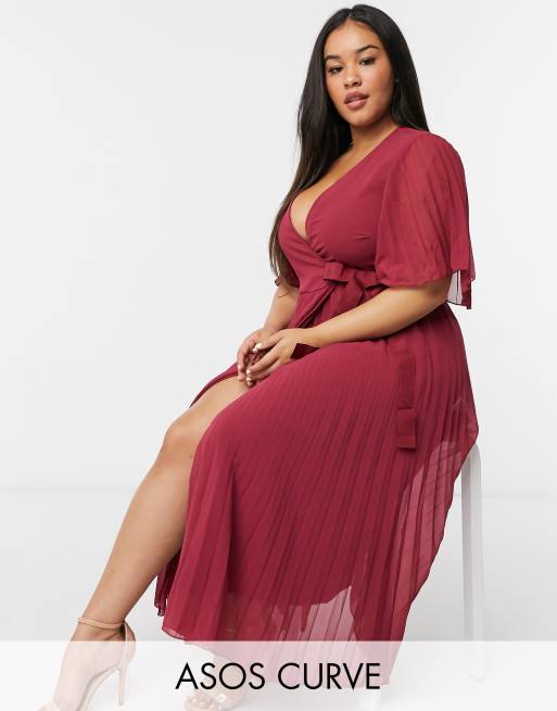 ASOS DESIGN Curve - Exclusieve geplooide midi-jurk met kimonomouwen en gestrikte taille