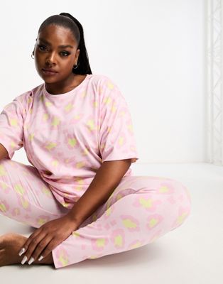 ASOS DESIGN Curve exclusive animal oversized tee & legging pyjama set in pink