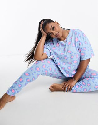 ASOS DESIGN Curve exclusive animal print tee & legging pyjama set in blue