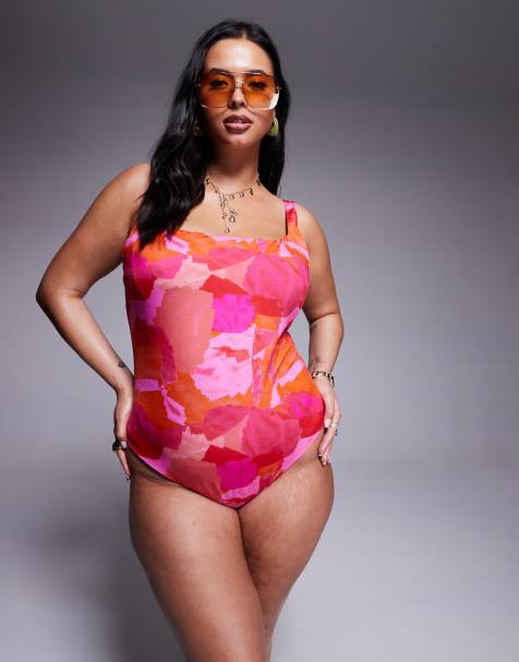 ASOS DESIGN Curve Exclusive Arina ultimate revenge sculpting square neck swimsuit in pink & red abstract print - view 1