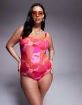 [ASOS Curve] ASOS DESIGN Curve Exclusive Arina ultimate revenge sculpting square neck swimsuit in pink & red abstract print-Multi 22 Pink Abstract