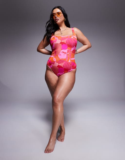 ASOS DESIGN Curve Exclusive Arina ultimate revenge sculpting square neck swimsuit in pink & red abstract print