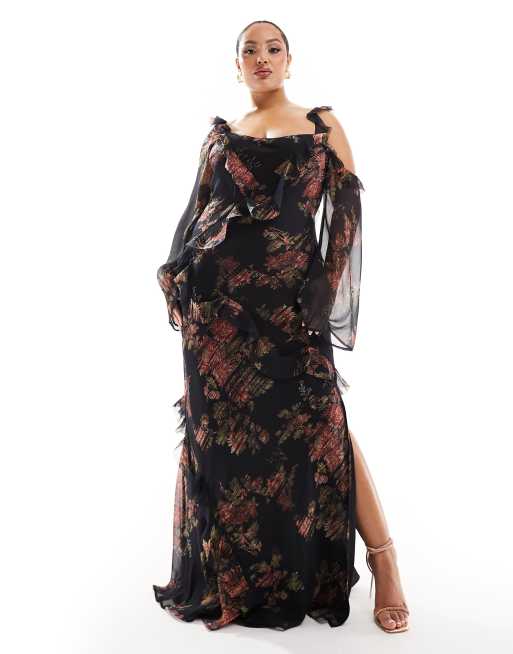 ASOS DESIGN Curve exclusive asymmetric sleeve maxi dress with distressed  ruffle detail in blurred floral print