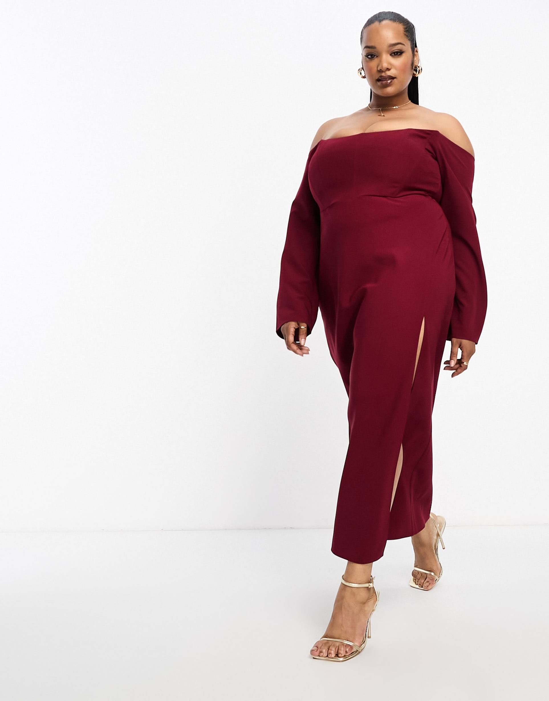 asos design curve exclusive bardot corset detail midi dress in wine