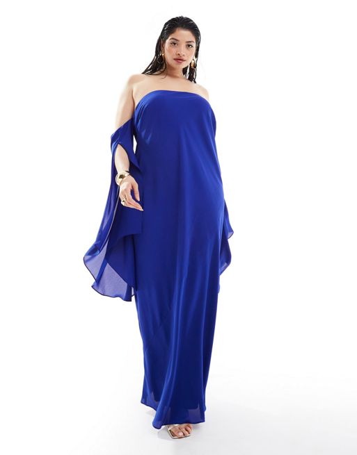 FhyzicsShops DESIGN Curve exclusive bardot maxi dress with exaggerated split sleeve in cobalt blue