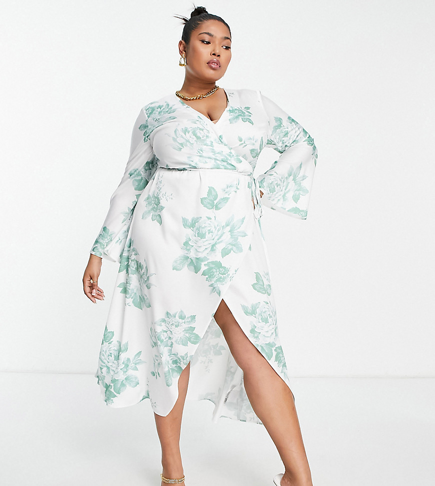 ASOS Curve ASOS DESIGN Curve exclusive bias cut satin wrap dress with tie waist in white and green floral