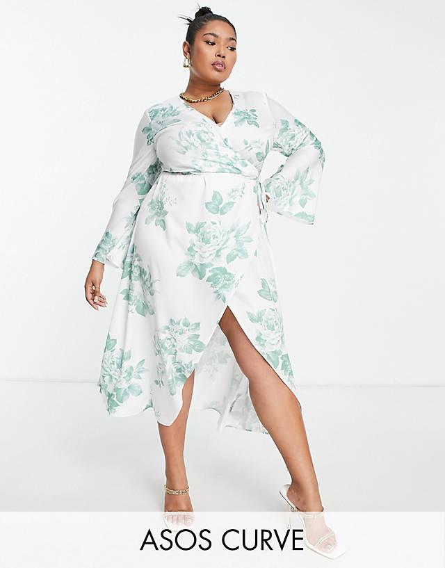 ASOS DESIGN Curve exclusive bias cut satin wrap dress with tie waist in white and green floral