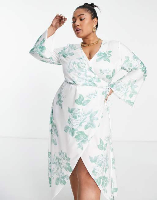 ASOS DESIGN Curve exclusive bias cut satin wrap dress with tie waist in  white and green floral