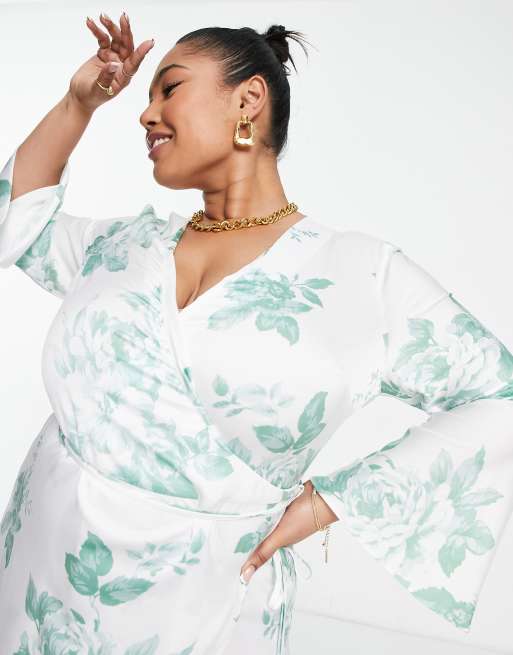 Green and white 2025 floral wrap dress