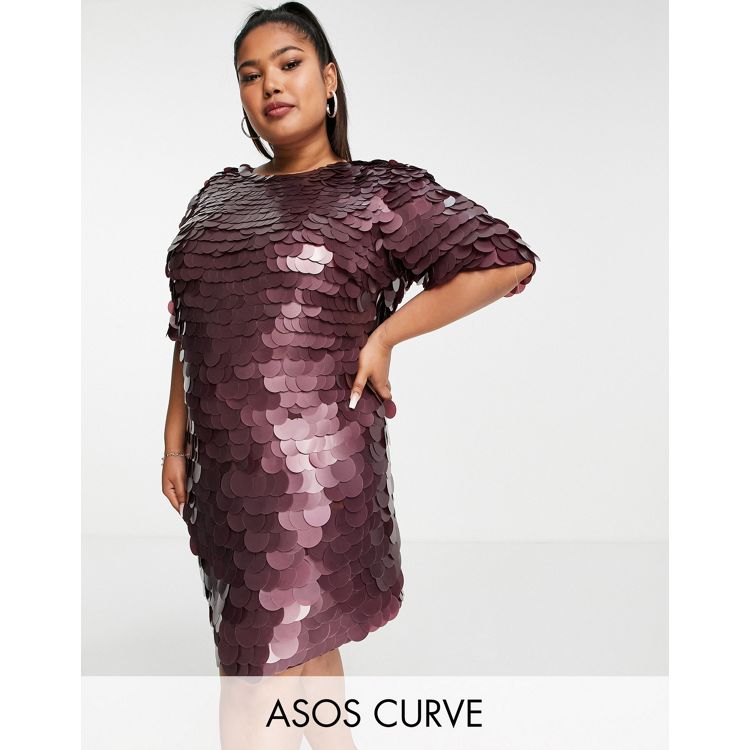 ASOS DESIGN Curve Exclusive – Bordowa sukienka mini o prostym kroju  zdobiona cekinami | ASOS