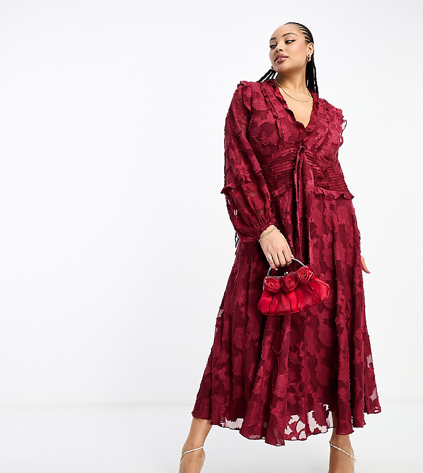 ASOS DESIGN Curve exclusive burnout frill midi dress with tie front detail in burgundy-Green