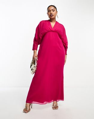 Asos Design Curve Exclusive Chiffon Batwing Sleeve Maxi Dress In Hot Pink