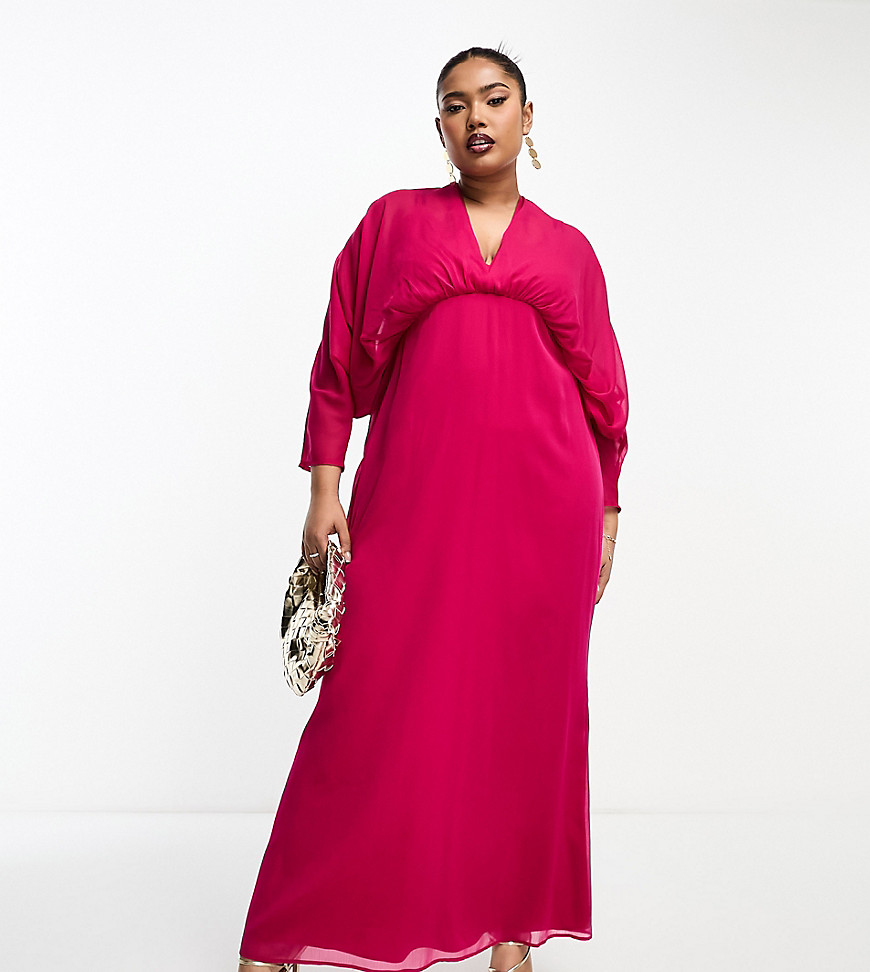 ASOS DESIGN Curve exclusive chiffon batwing sleeve maxi dress in hot pink