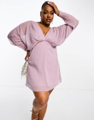 ASOS DESIGN Curve exclusive chiffon batwing sleeve mini dress in lilac