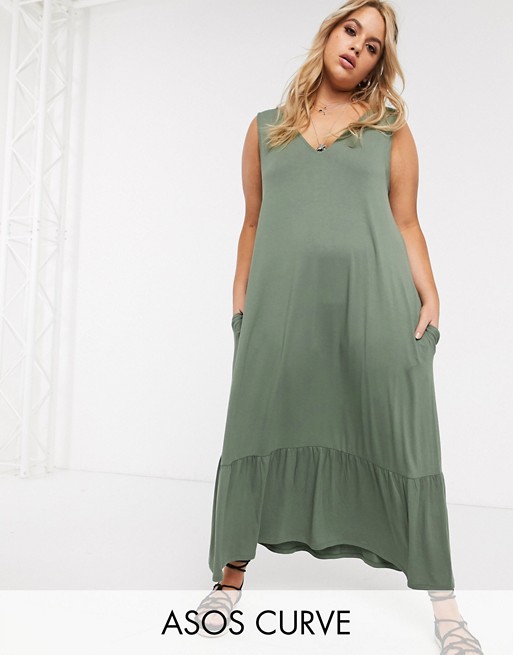ASOS DESIGN Curve Exclusive concealed pocket midi dress with tiered hem in khaki