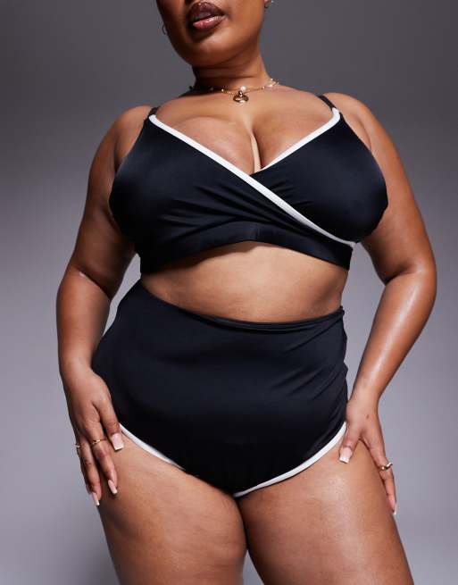 ASOS DESIGN Curve exclusive contrast binding skinny bikini crop top in black, 3 of 4