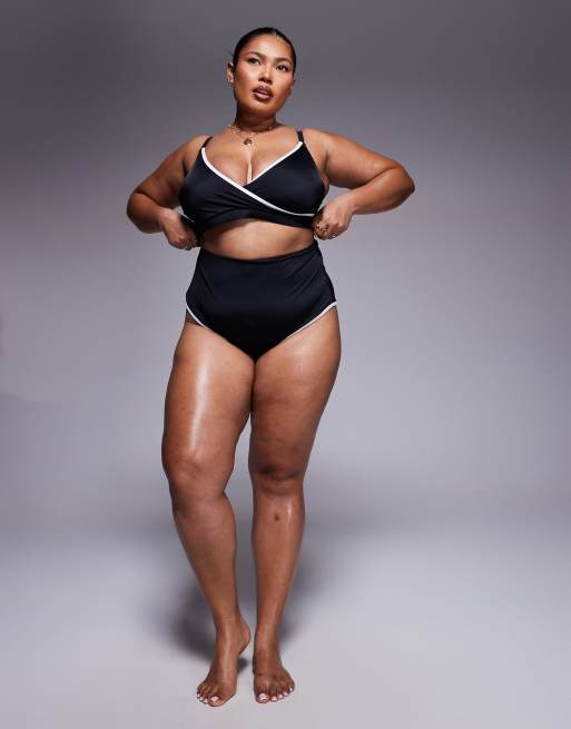 ASOS DESIGN Curve exclusive contrast binding skinny bikini crop top in black, 4 of 4