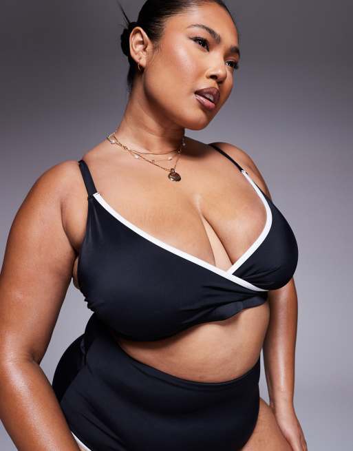 ASOS DESIGN Curve Exclusive – Czarna góra od bikini o krótkim fasonie z kontrastowymi wąskimi lamówkami