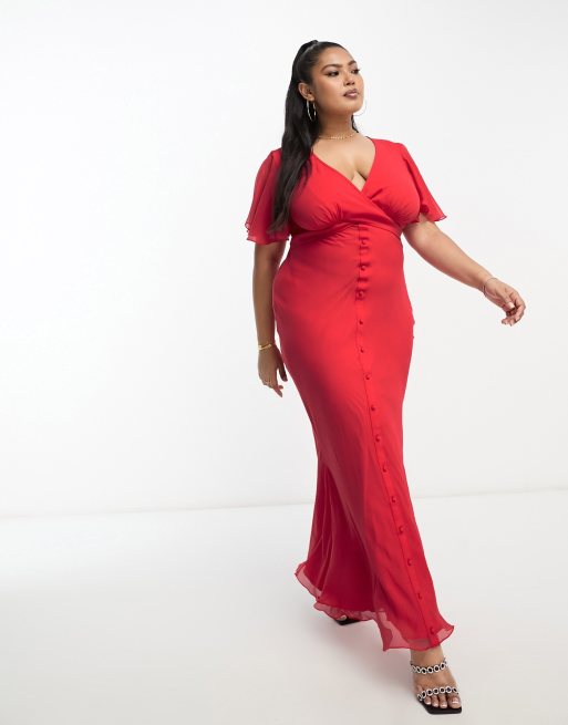 ASOS DESIGN Curve Exclusive – Czerwona sukienka midi z kopertową talią i zwiewnymi rękawami