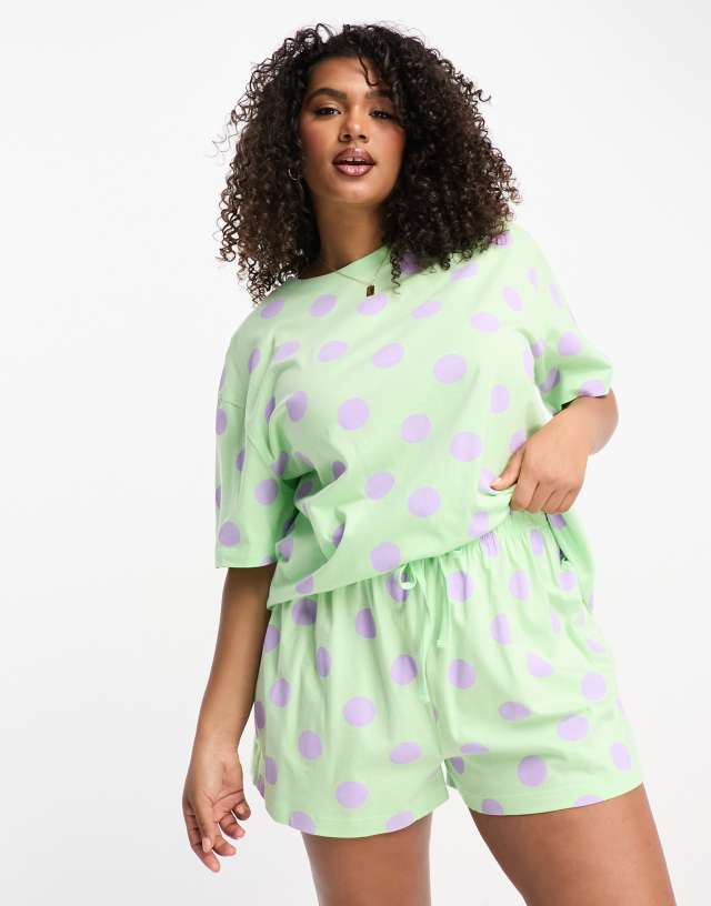 ASOS DESIGN Curve Exclusive dot oversized tee & shorts pajama set in mint