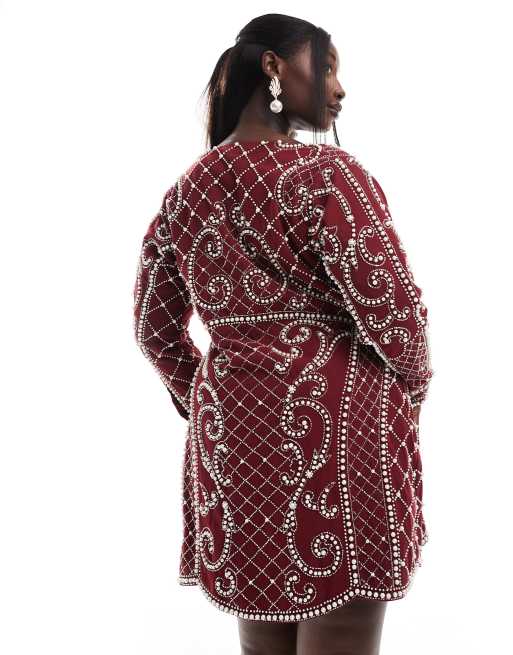 ASOS DESIGN Curve exclusive embellished structured button through mini dress with pearl detail in burgundy, 3 of 4