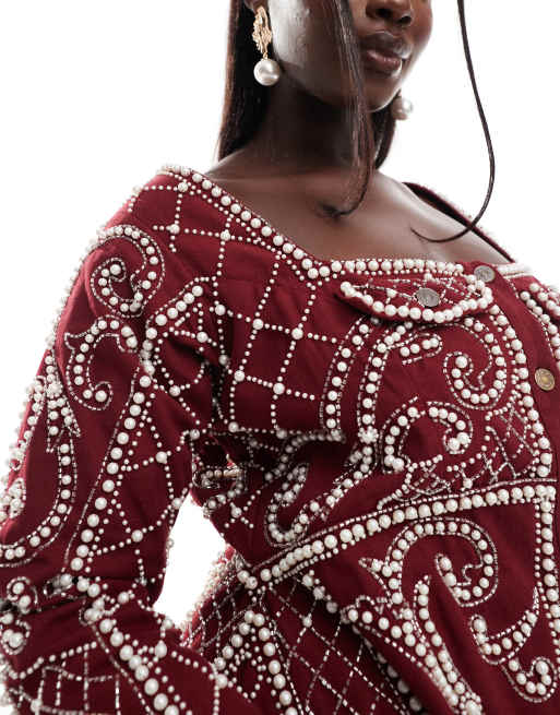 ASOS DESIGN Curve exclusive embellished structured button through mini dress with pearl detail in burgundy, 4 of 4