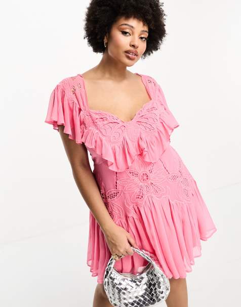 ASOS DESIGN Curve exclusive embroidered cut out mini dress with pephem and frills in pink - view 1