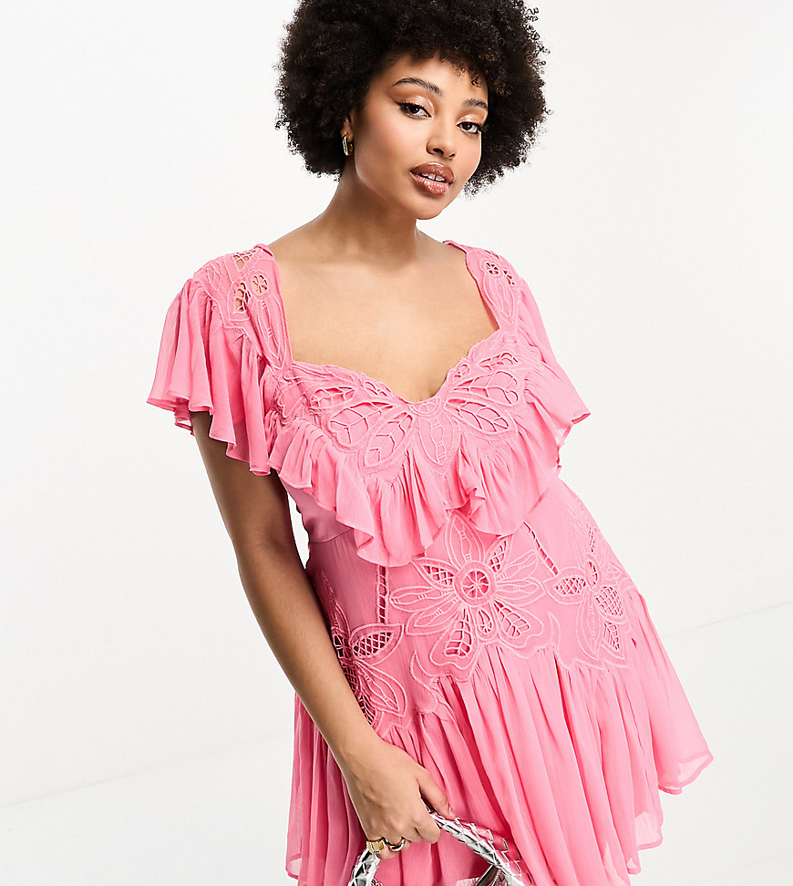 ASOS DESIGN Curve exclusive embroidered cut out mini dress with pephem and frills in pink