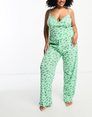 ASOS DESIGN Curve exclusive floral pointelle cami & trouser pyjama set in green