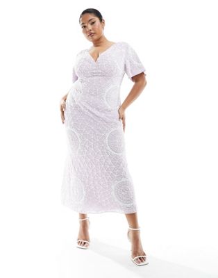 ASOS DESIGN Curve exclusive flutter sleeve circular embellished plunge midi dress in lilac - LILAC
