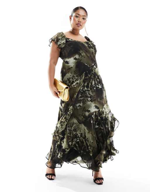 ASOS DESIGN Curve Exclusive flutter sleeve midi dress with paneled skirt in abstract print