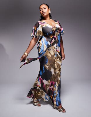 Asos Design Curve Exclusive Flutter Sleeve Midi Dress With Tie Detail In Abstract Print-Multi