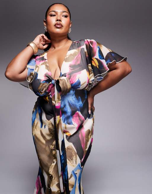 ASOS DESIGN Curve exclusive flutter sleeve midi dress with tie detail in  abstract print | ASOS