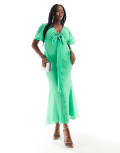 [ASOS Curve] ASOS DESIGN Curve exclusive flutter sleeve midi dress with wrap waist detail in green 22 GREEN