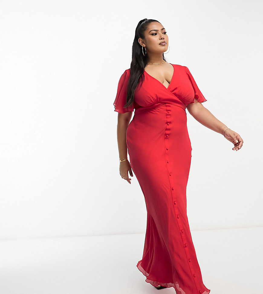 ASOS DESIGN Curve exclusive flutter sleeve midi dress with wrap waist detail in red