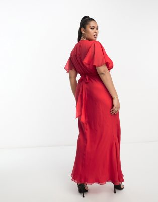 ASOS DESIGN Curve exclusive flutter sleeve midi dress with wrap waist  detail in red