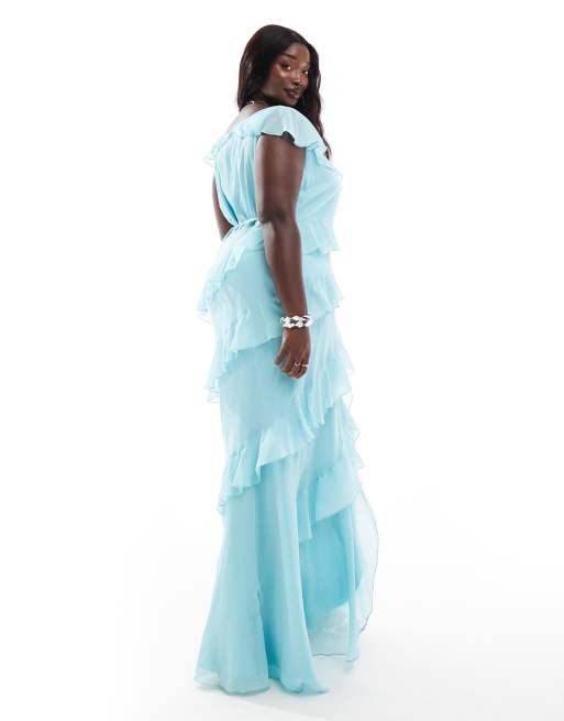 ASOS DESIGN Curve exclusive flutter sleeve wrap maxi dress with ruffle detail in aqua