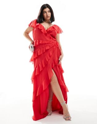 Asos Curve Asos Design Curve Exclusive Flutter Sleeve Wrap Maxi Dress With Ruffle Detail In Red