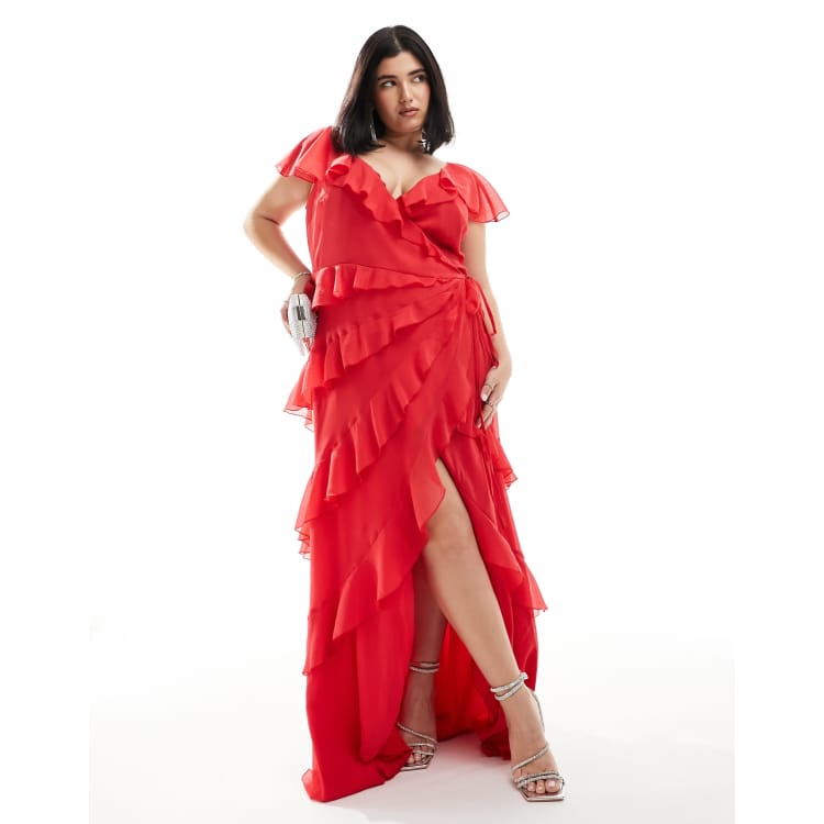 ASOS DESIGN Curve exclusive flutter sleeve wrap maxi dress with ruffle detail in red