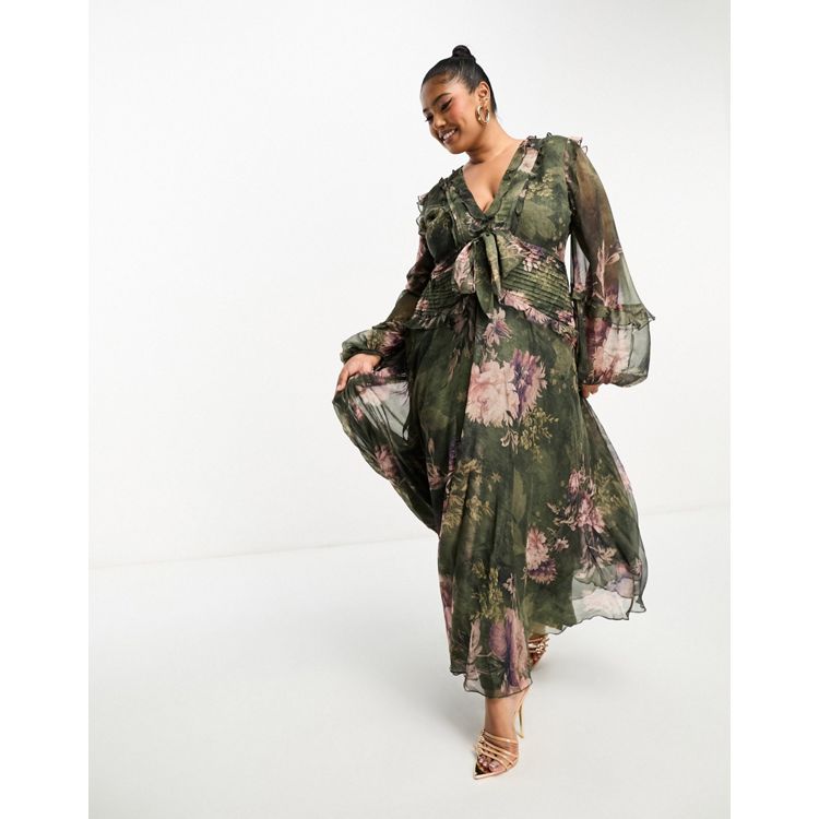 ASOS DESIGN Maternity ruffle detail plunge midi dress with tie detail in  green floral print