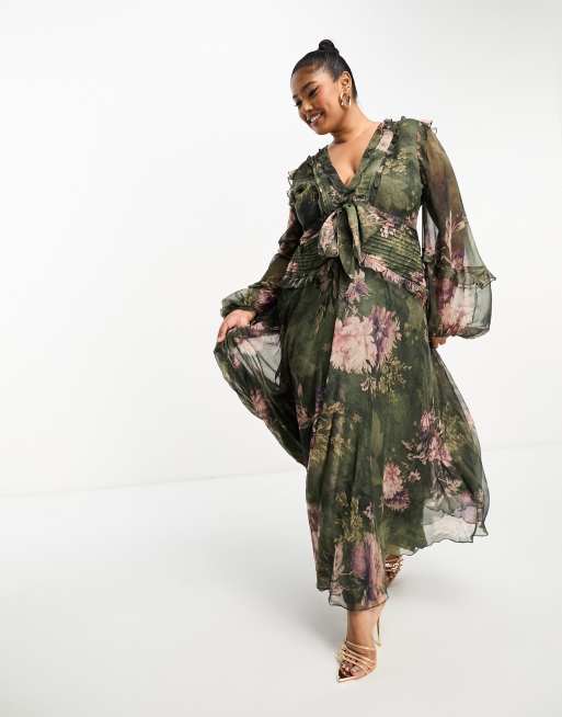 Asos design long sleeve midi dress 2025 with embroidered flowers and ruffle detail