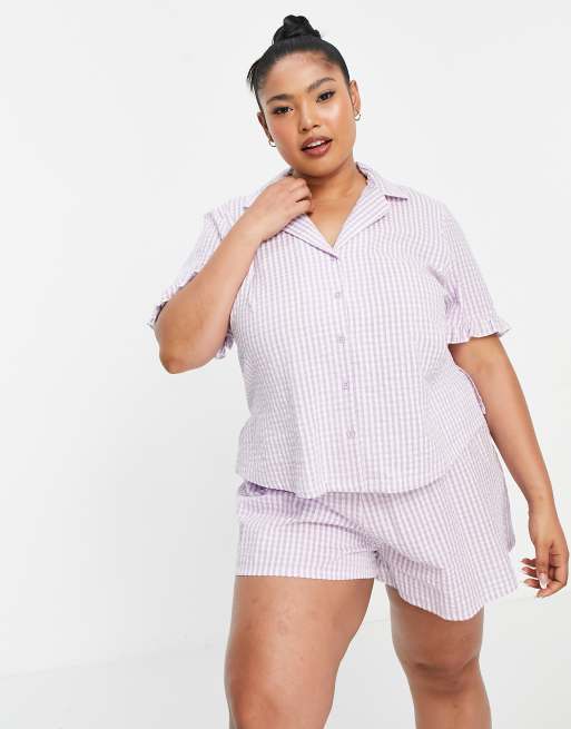 ASOS DESIGN Curve Exclusive gingham seersucker shirt with ruffle