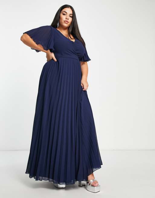 ASOS DESIGN Curve Exclusive – Granatowa plisowana sukienka maxi z kimonowym rękawem i wiązaniem w talii
