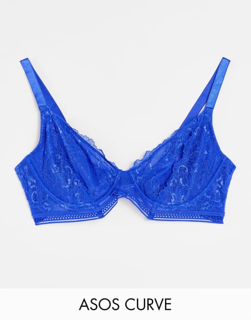 ASOS DESIGN Curve Exclusive Hailey lace and geo elastic bra in cobalt