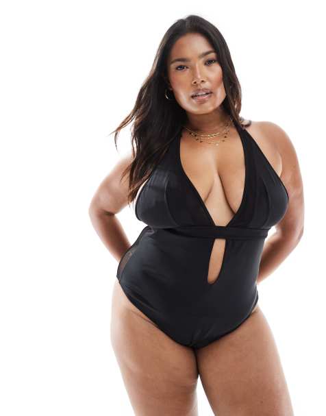 ASOS DESIGN Curve exclusive Katie May mesh insert swimsuit in black - view 1