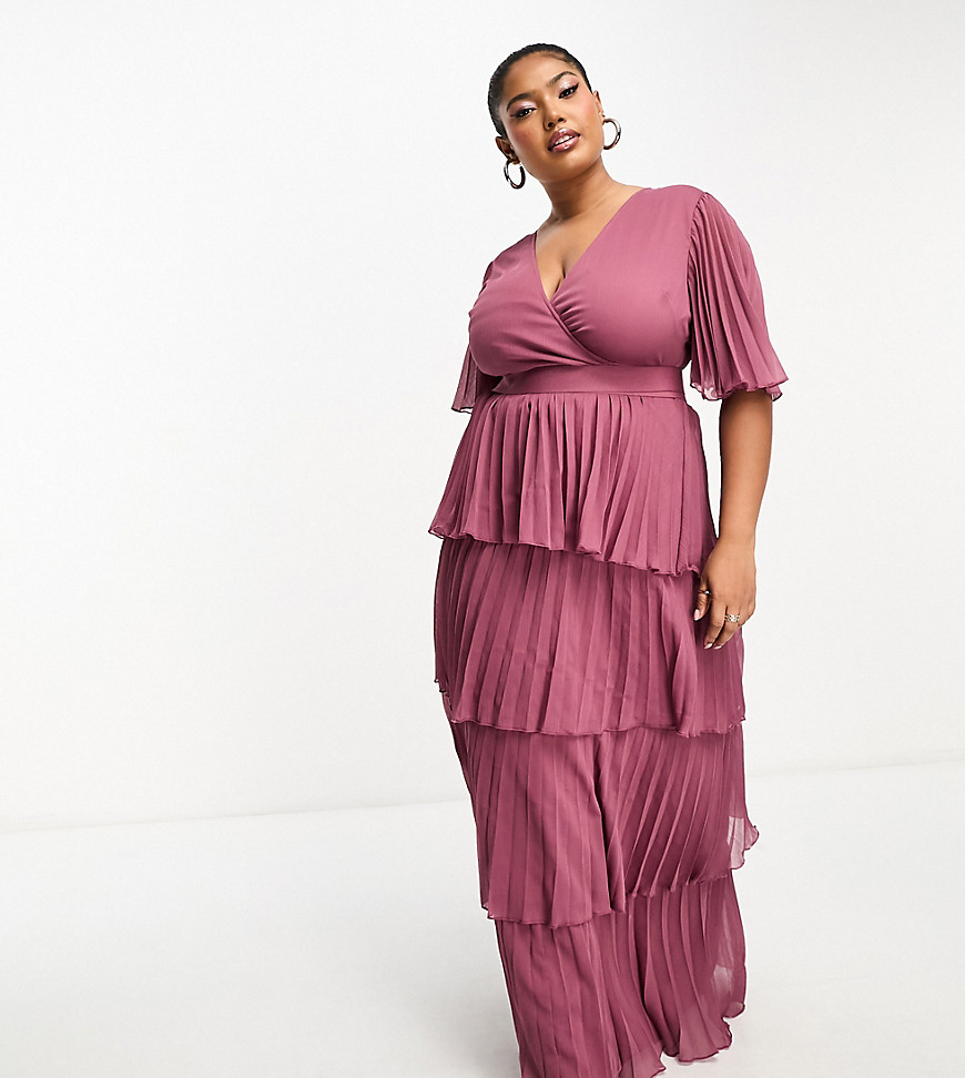 Asos Curve Asos Design Curve Exclusive Kimono Sleeve Maxi Dress With Tiered Skirt In Pleat In Dusty Pink