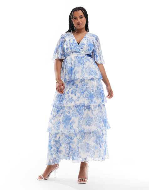 ASOS DESIGN Curve exclusive kimono sleeve maxi dress with tiered skirt in pleats in blue floral print - view 1