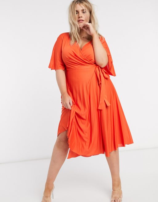 ASOS DESIGN Curve exclusive kimono sleeve pleated wrap midi dress with tie  waist in red