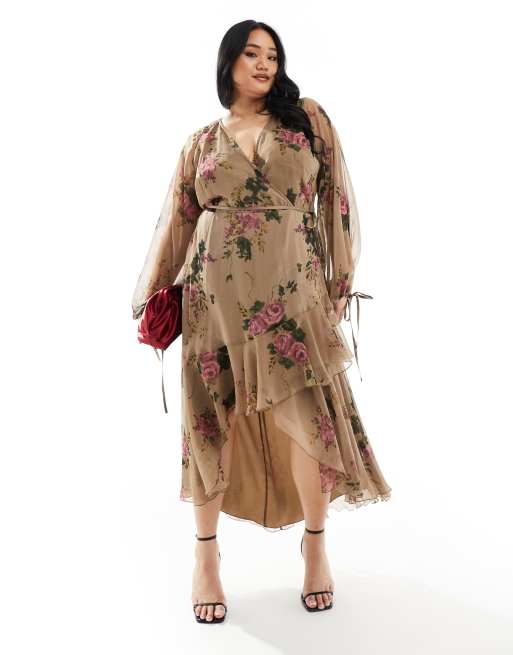 ASOS DESIGN Curve Exclusive – Kopertowa szyfonowa sukienka midi z długim rękawem w zielonym kolorze i z kwiatowym wzorem